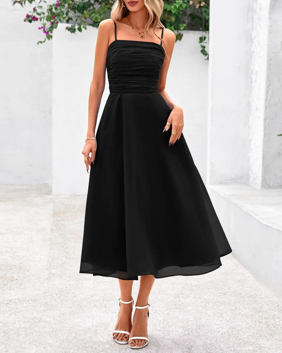 PRETTYGARDEN Womens Summer Dresses 2025 Spaghetti Strap Sleeveless Smocked Flowy Midi Wedding Guest Dress with Pockets