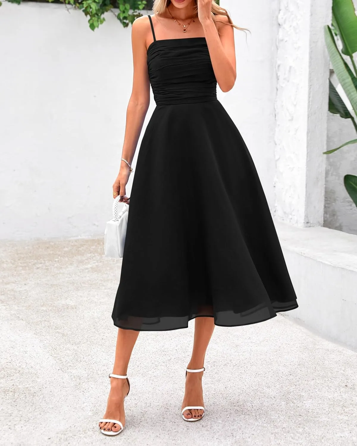 PRETTYGARDEN Womens Summer Dresses 2025 Spaghetti Strap Sleeveless Smocked Flowy Midi Wedding Guest Dress with Pockets