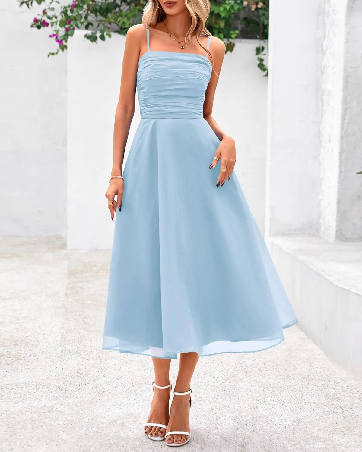 PRETTYGARDEN Womens Summer Dresses 2025 Spaghetti Strap Sleeveless Smocked Flowy Midi Wedding Guest Dress with Pockets