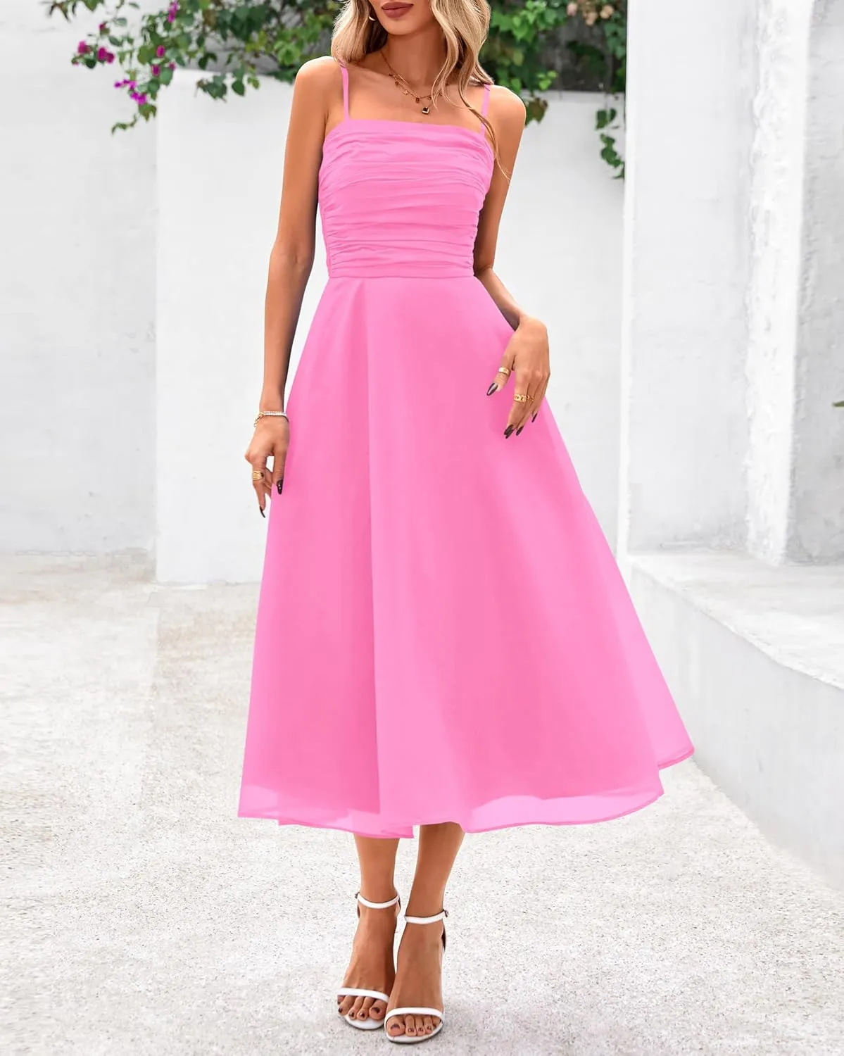 PRETTYGARDEN Womens Summer Dresses 2025 Spaghetti Strap Sleeveless Smocked Flowy Midi Wedding Guest Dress with Pockets