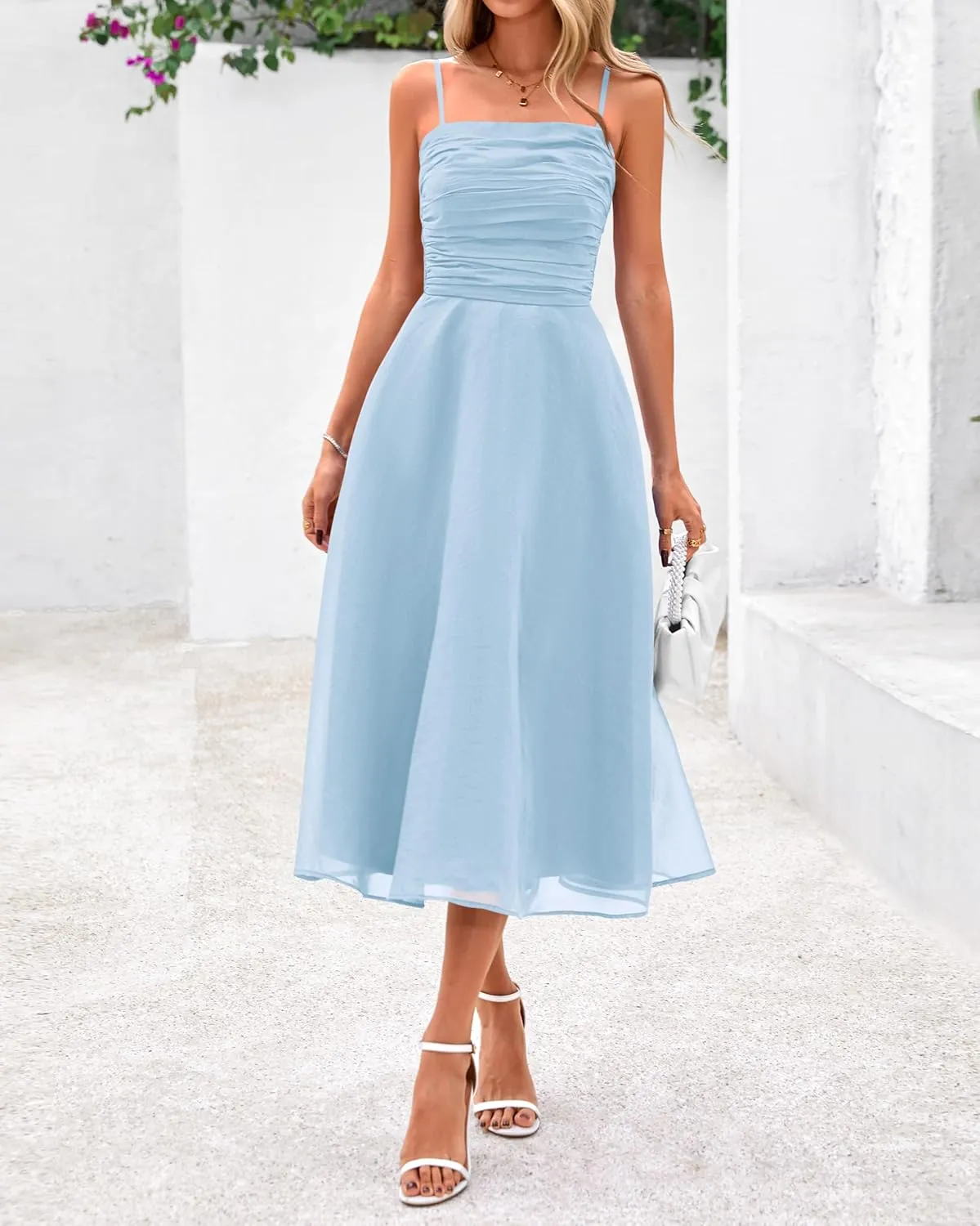 PRETTYGARDEN Womens Summer Dresses 2025 Spaghetti Strap Sleeveless Smocked Flowy Midi Wedding Guest Dress with Pockets