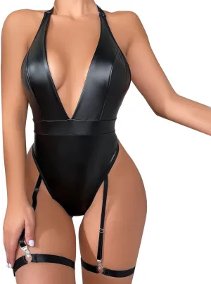 Pu Leather Lingerie Black Snap Crotch Bodysuit One Piece Leotard Halter Body Suit Top Valentines Day Lingerie Negligee
