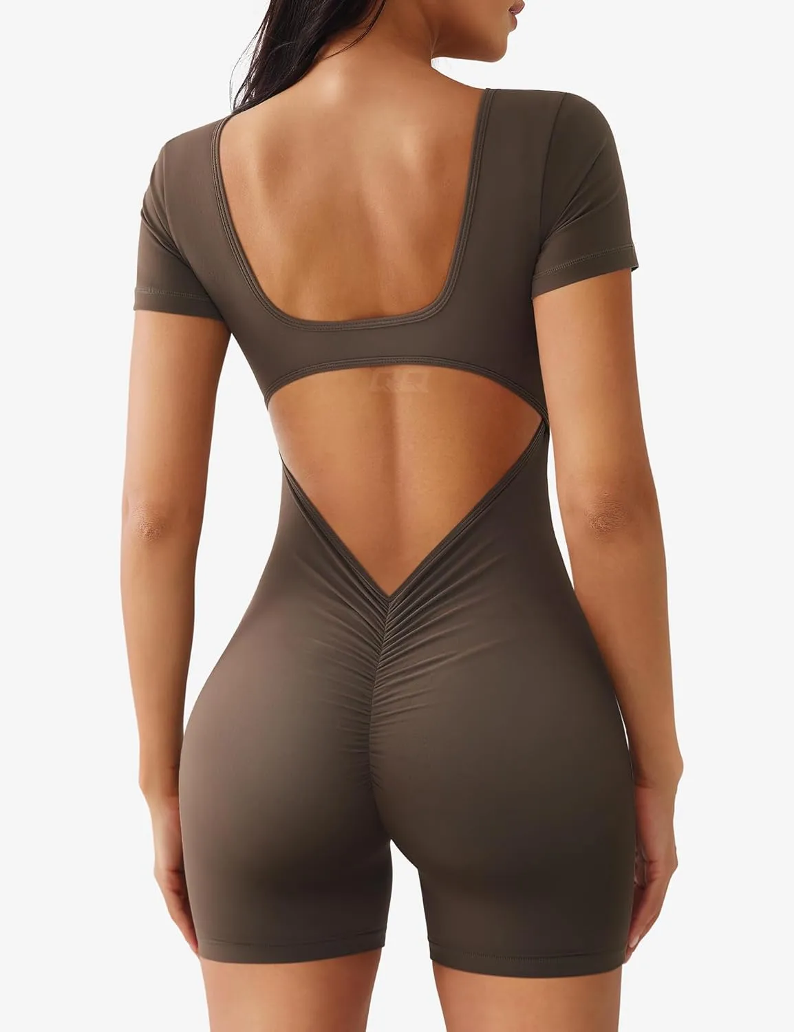 QOQ Womens Workout Jumpsuits Shorts Sleeve Square Neck Backless One Piece Bodycon Scrunch Butt Yoga Rompers