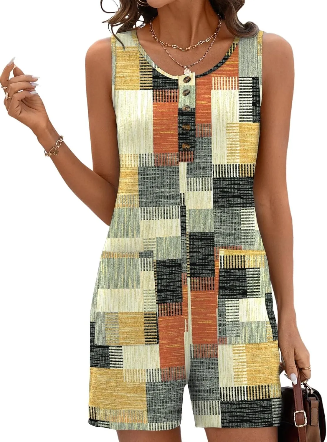 Rapbin Rompers for Women 2025 Summer Casual Sleeveless Scoop Neck Short Jumpsuits Loose Fit Button Overalls with Pockets
