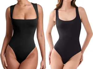 REORIA Womens Summer Sexy Sleeveless Square Neck Bodysuits