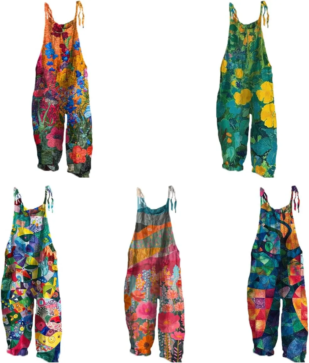 Rompers For Women 2024 Boho Floral Printed Plus Size Wide Leg Jumpsuits Lounge Rompers Sleeveless Strappy Pants