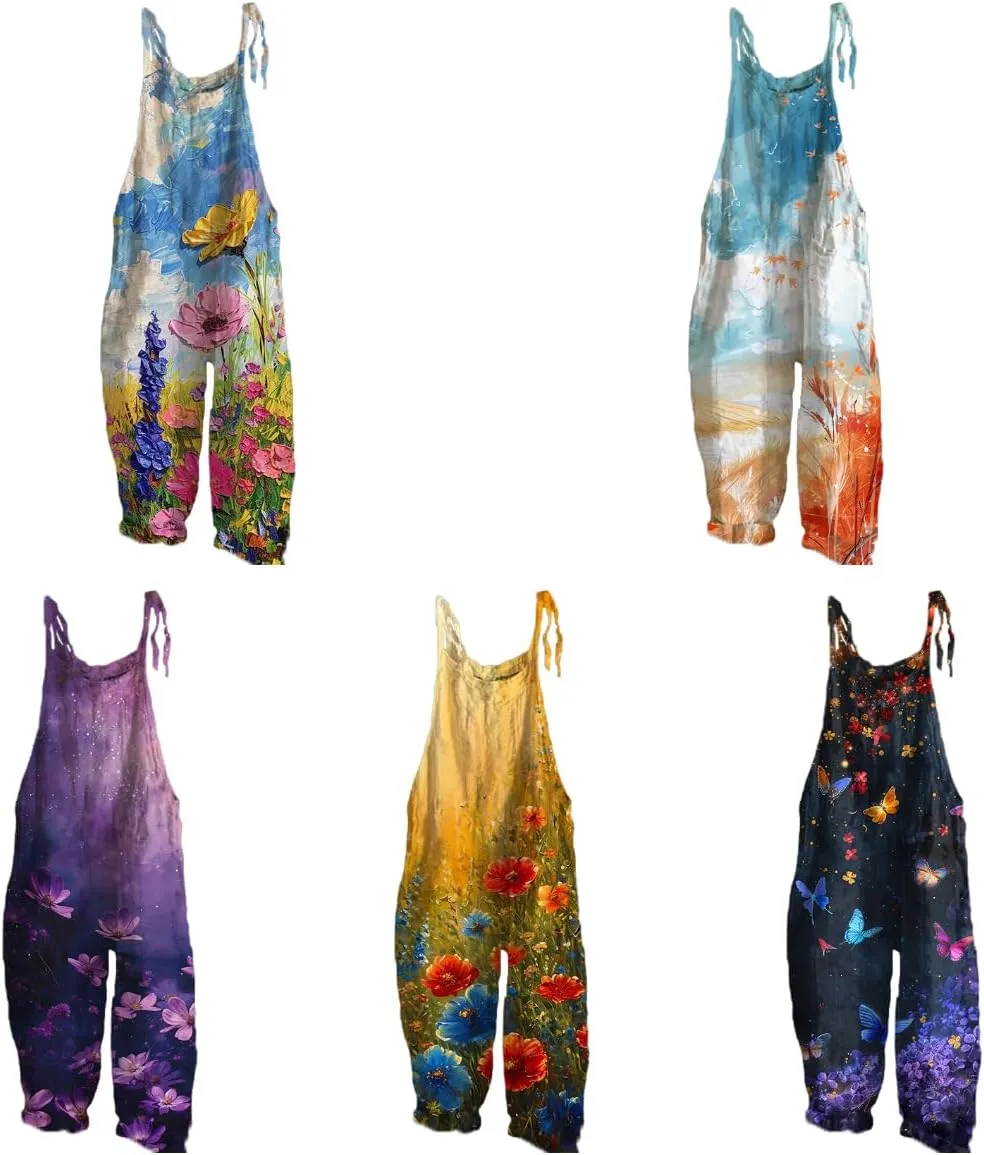 Rompers For Women 2024 Boho Floral Printed Plus Size Wide Leg Jumpsuits Lounge Rompers Sleeveless Strappy Pants