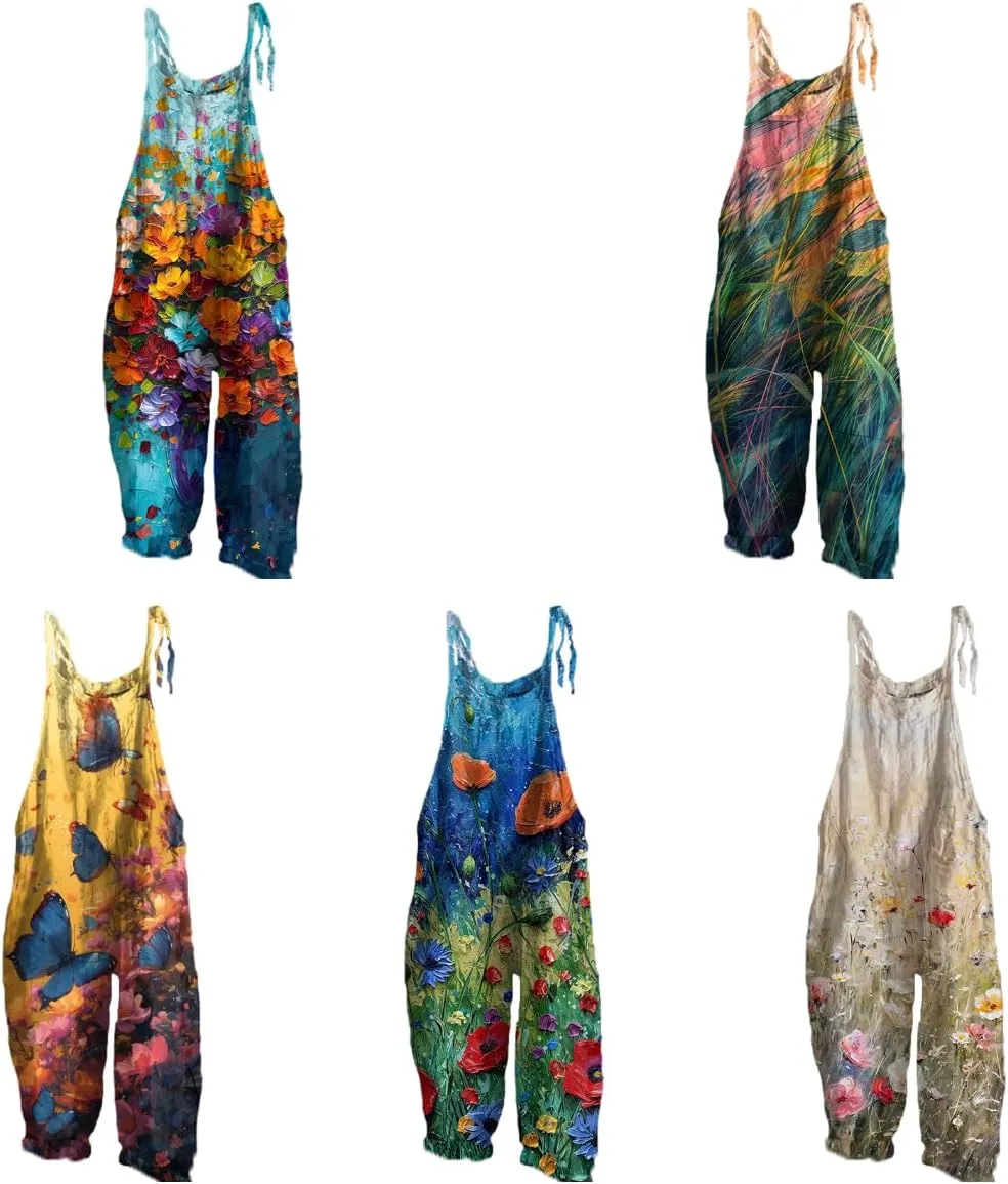 Rompers For Women 2024 Boho Floral Printed Plus Size Wide Leg Jumpsuits Lounge Rompers Sleeveless Strappy Pants