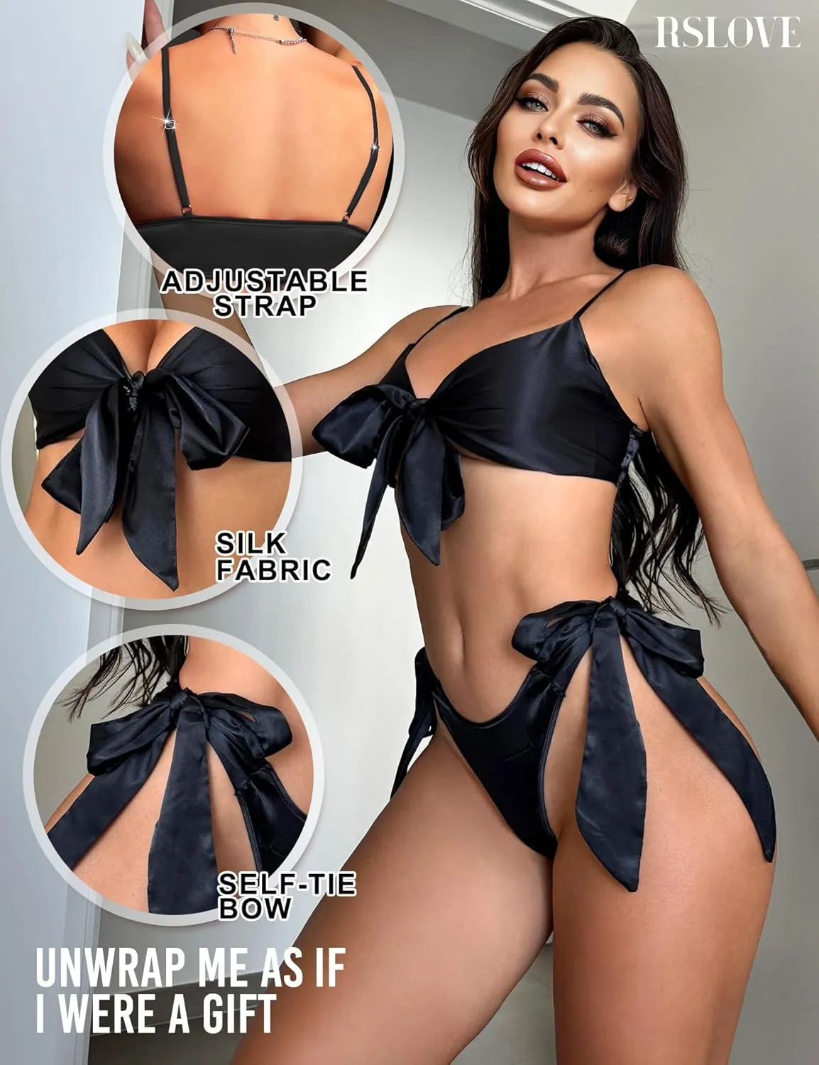 RSLOVE Women Sexy Lingerie Set Satin Bow Tie 2 Piece Bra and Panty Sets