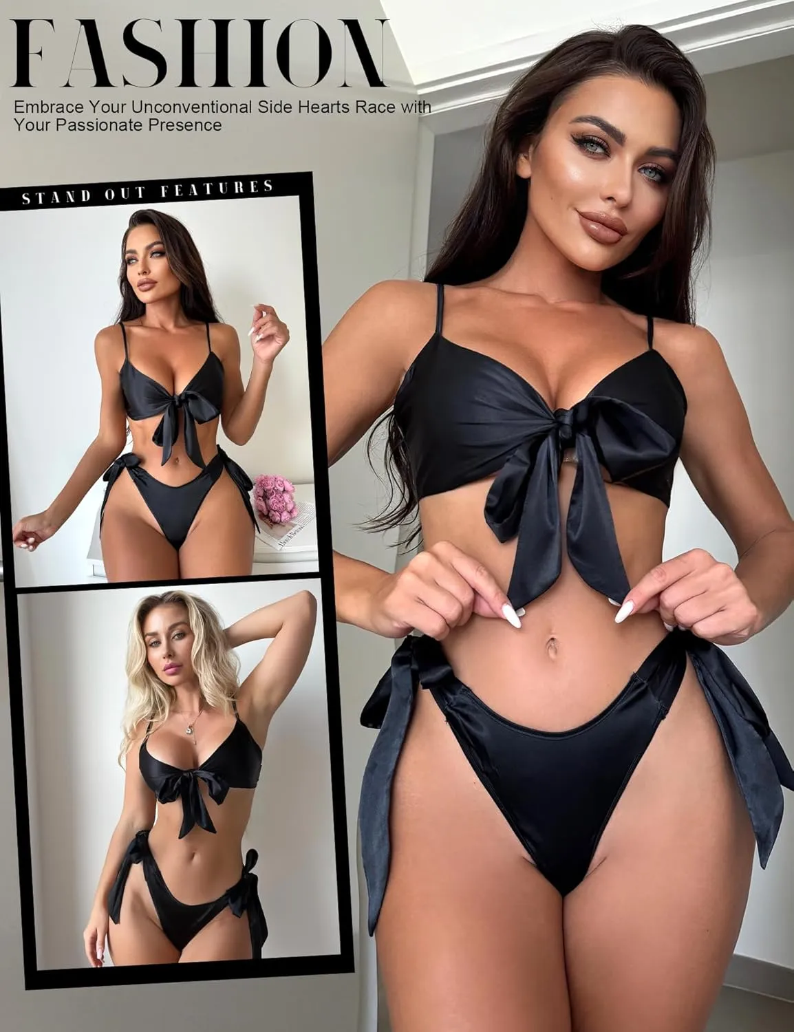RSLOVE Women Sexy Lingerie Set Satin Bow Tie 2 Piece Bra and Panty Sets
