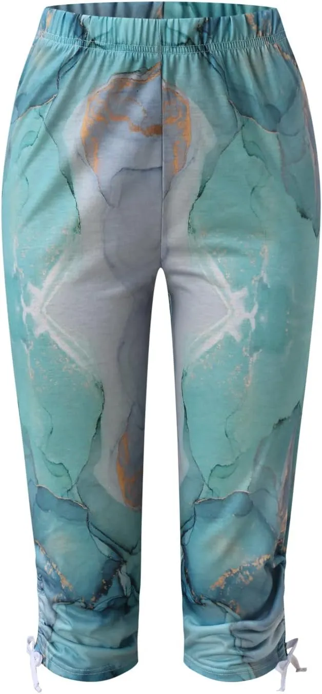 Ruziyoog Floral Print Capri Leggings for Women Compression Yoga Pants High Waist Workout Running Fitness Capri Tights
