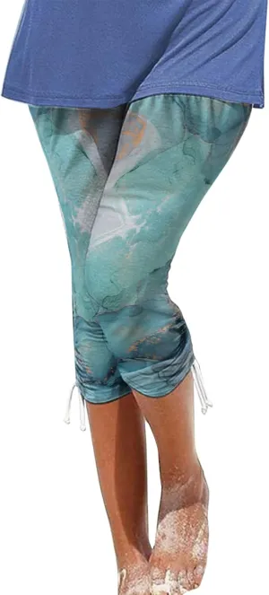 Ruziyoog Floral Print Capri Leggings for Women Compression Yoga Pants High Waist Workout Running Fitness Capri Tights