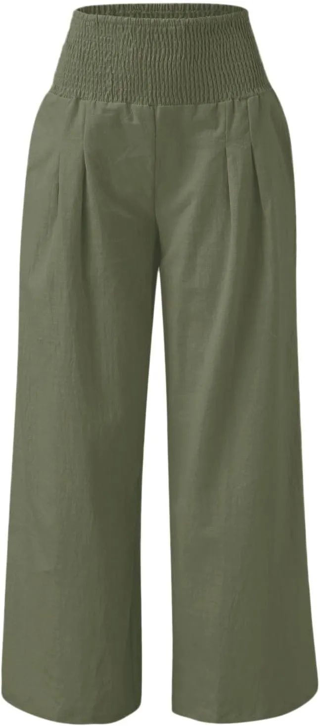 sdbrld Linen Pants for Women Summer Wide Leg Cotton Linen Trousers Fashion High Waist Beach Palazzo Pants Lounge with Pockets