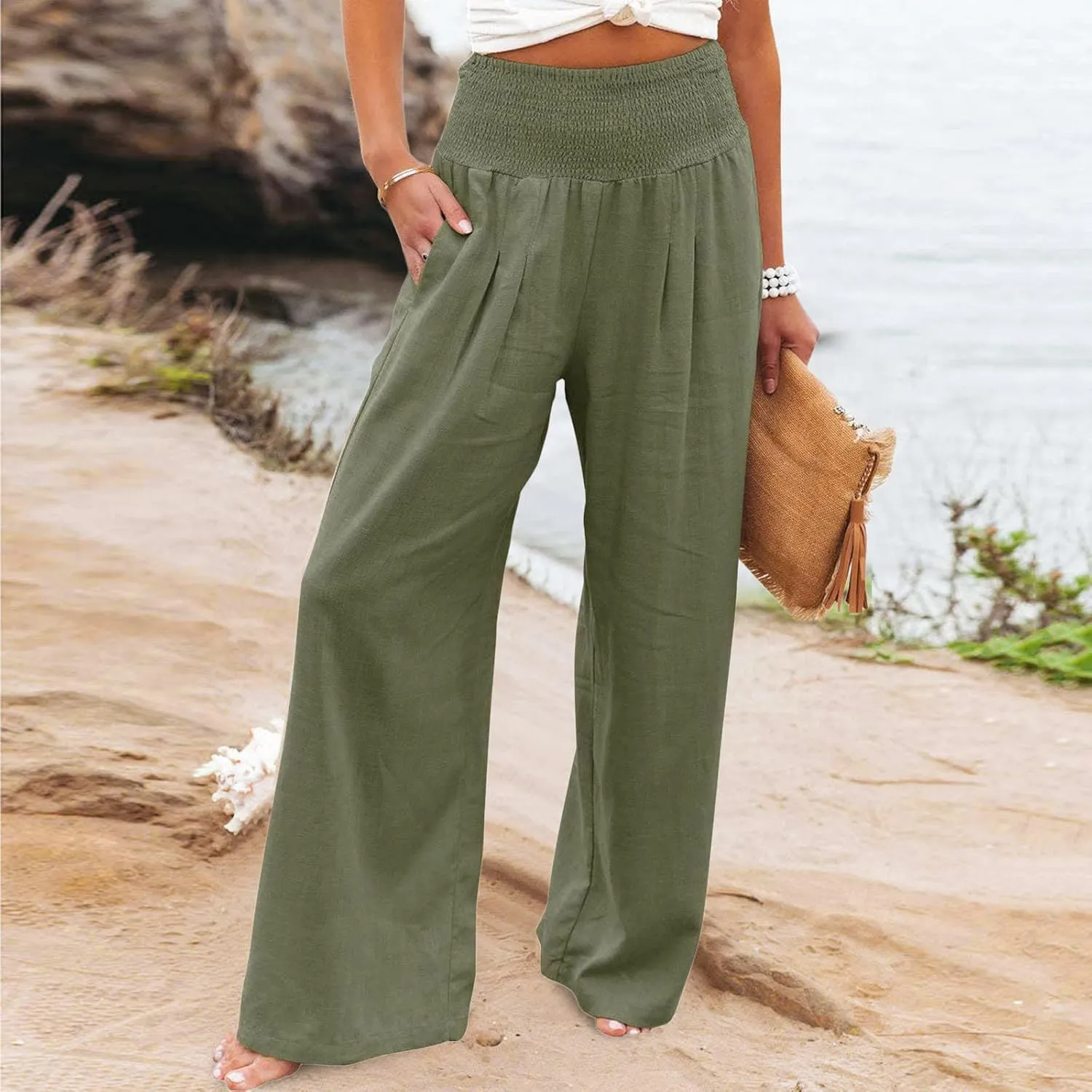 sdbrld Linen Pants for Women Summer Wide Leg Cotton Linen Trousers Fashion High Waist Beach Palazzo Pants Lounge with Pockets