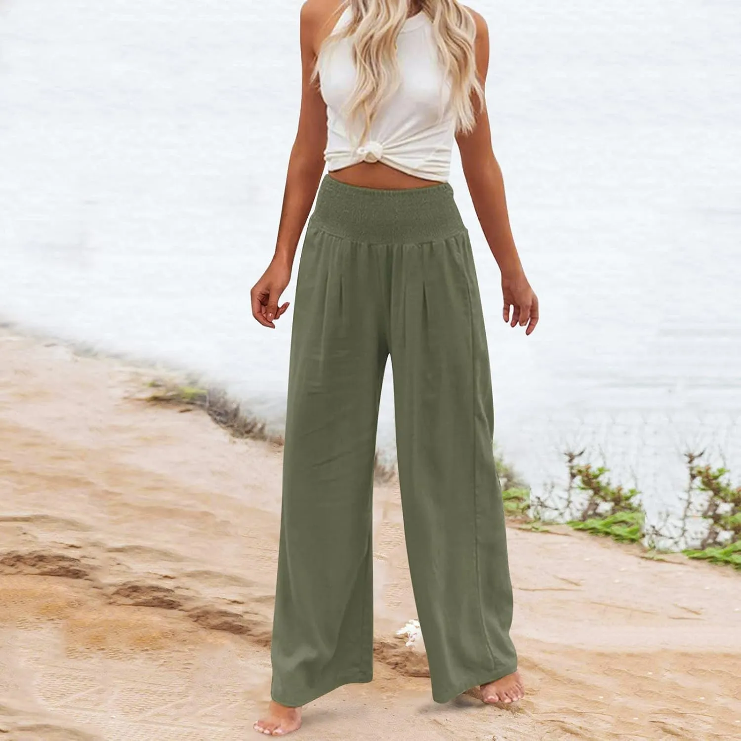 sdbrld Linen Pants for Women Summer Wide Leg Cotton Linen Trousers Fashion High Waist Beach Palazzo Pants Lounge with Pockets