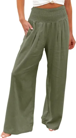 sdbrld Linen Pants for Women Summer Wide Leg Cotton Linen Trousers Fashion High Waist Beach Palazzo Pants Lounge with Pockets
