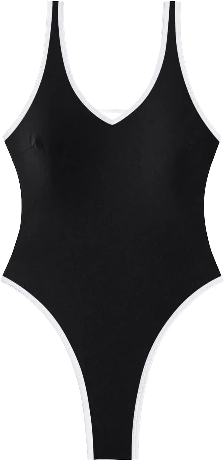Sexy Backless Cheeky High Cut Leg Thong V Neck Tummy Control One Piece Swimsuit