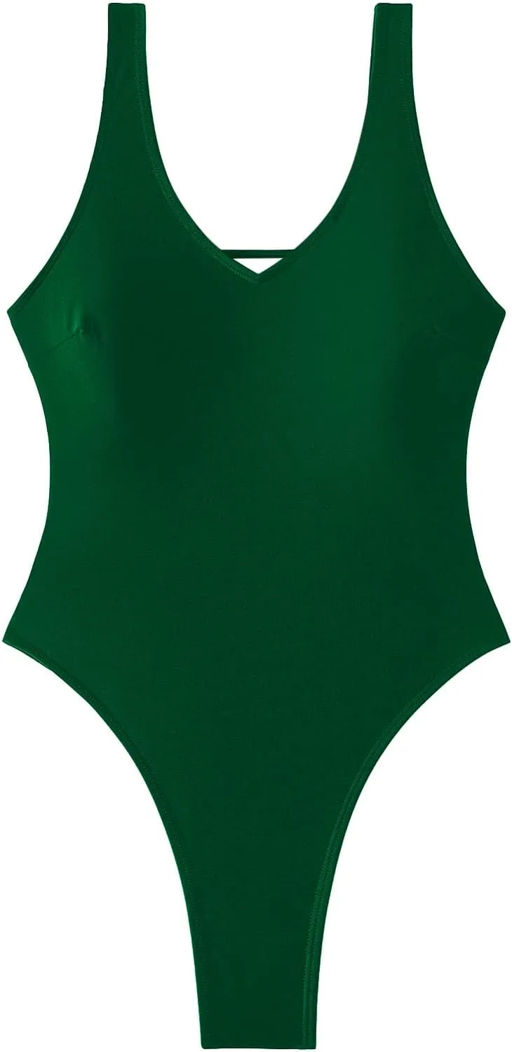 Sexy Backless Cheeky High Cut Leg Thong V Neck Tummy Control One Piece Swimsuit