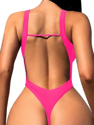 Sexy Backless Cheeky High Cut Leg Thong V Neck Tummy Control One Piece Swimsuit