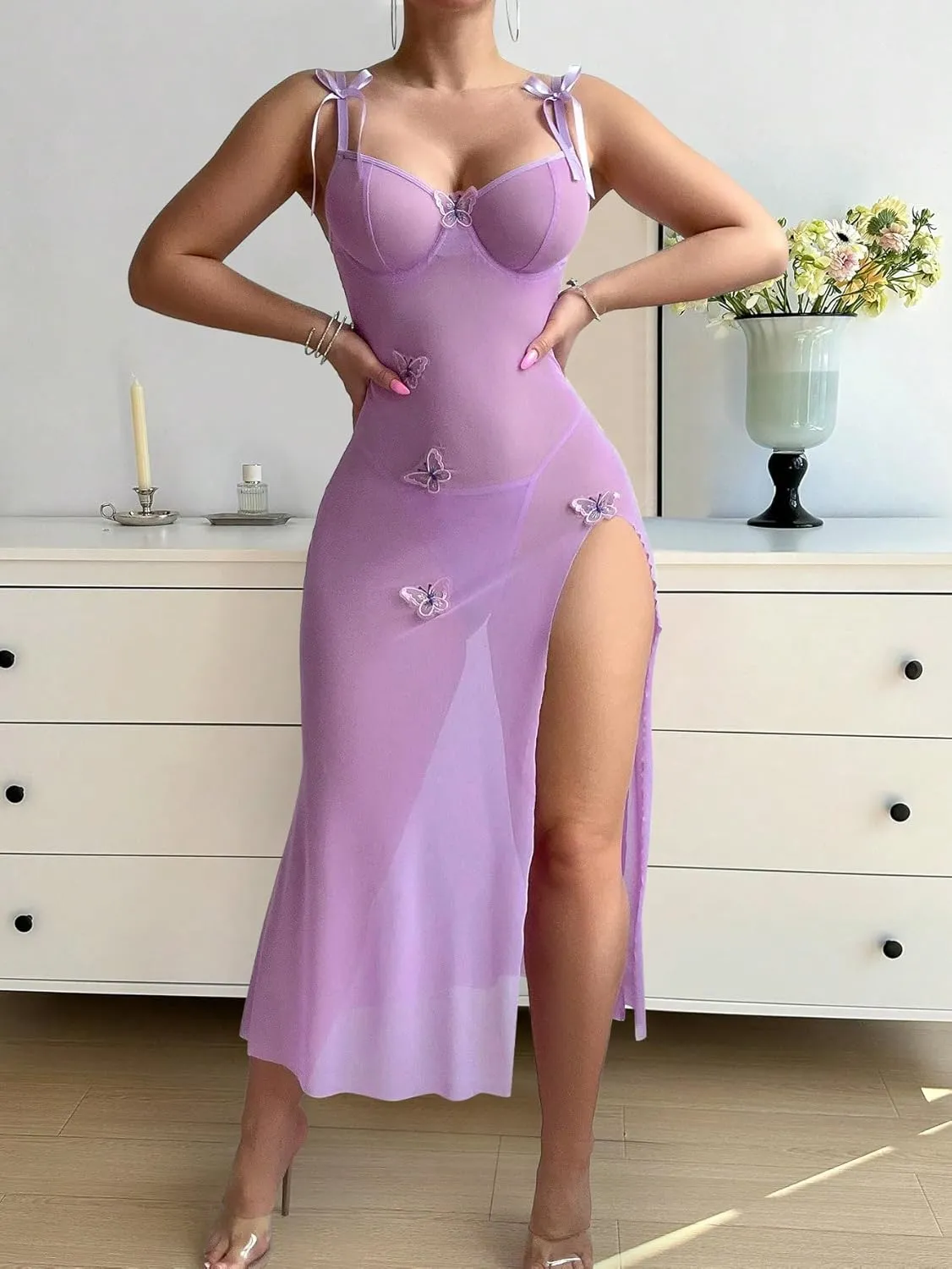 Sexy Butterfly Split Leg Underwire Sheer Mesh Maxi Lingerie Dress with Thong 2 Piece Set