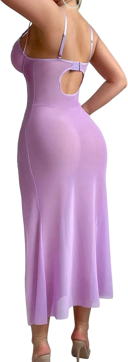 Sexy Butterfly Split Leg Underwire Sheer Mesh Maxi Lingerie Dress with Thong 2 Piece Set