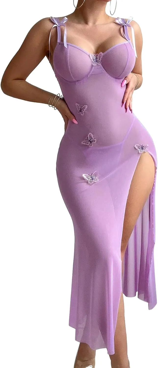 Sexy Butterfly Split Leg Underwire Sheer Mesh Maxi Lingerie Dress with Thong 2 Piece Set