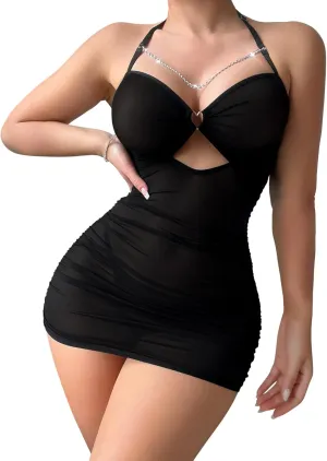 Sexy Chain Sheer Mesh Ruched Bodycon Mini Night Out Club Dress with Thong 2 Piece Outfits