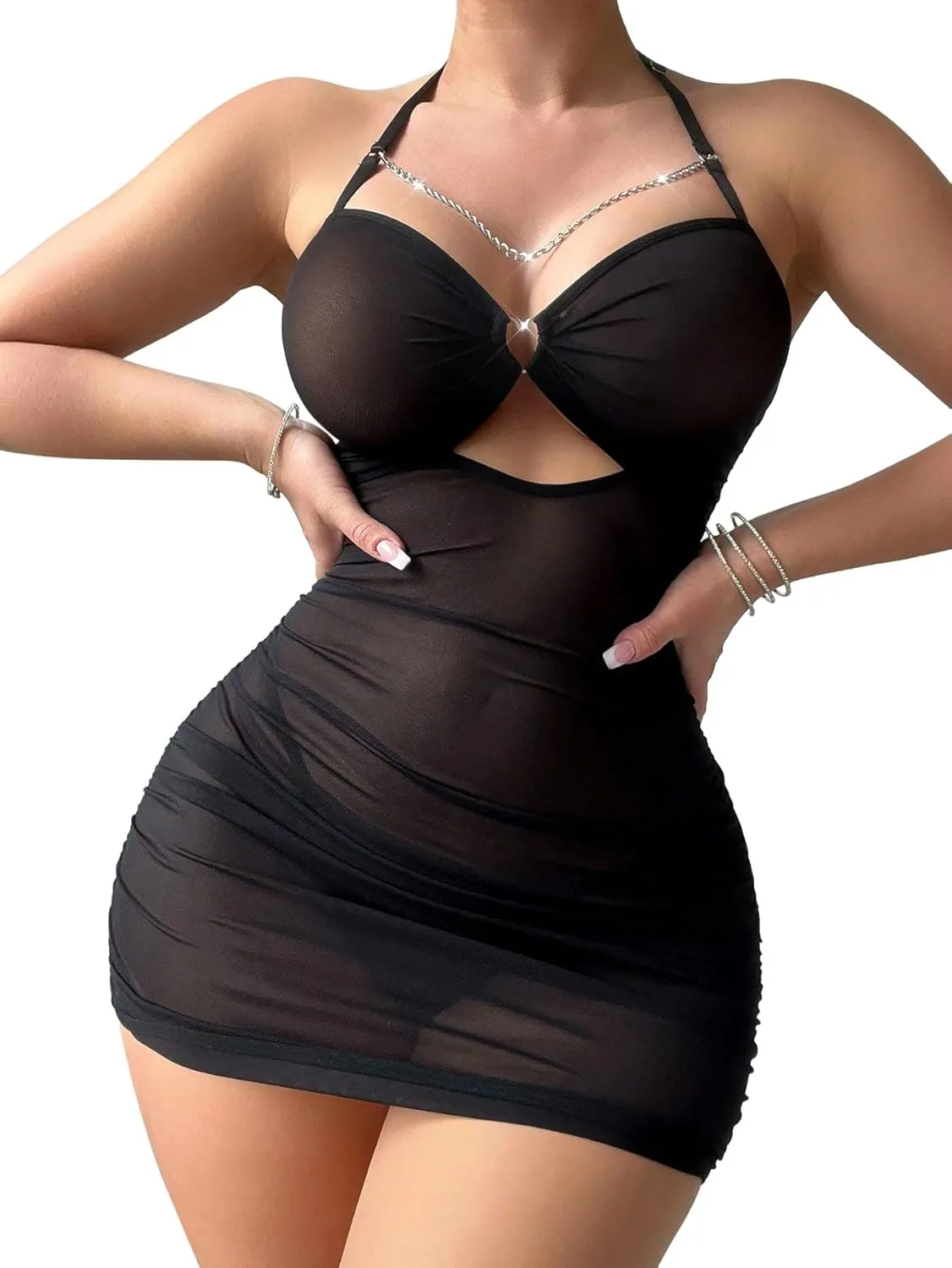 Sexy Chain Sheer Mesh Ruched Bodycon Mini Night Out Club Dress with Thong 2 Piece Outfits