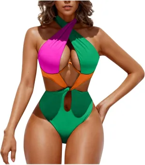 Sexy One Piece Swimsuit for Women Color Block Cutout Halter Bathing Suits Backless Sexy High Cut Swimwear