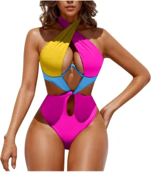 Sexy One Piece Swimsuit for Women Color Block Cutout Halter Bathing Suits Backless Sexy High Cut Swimwear