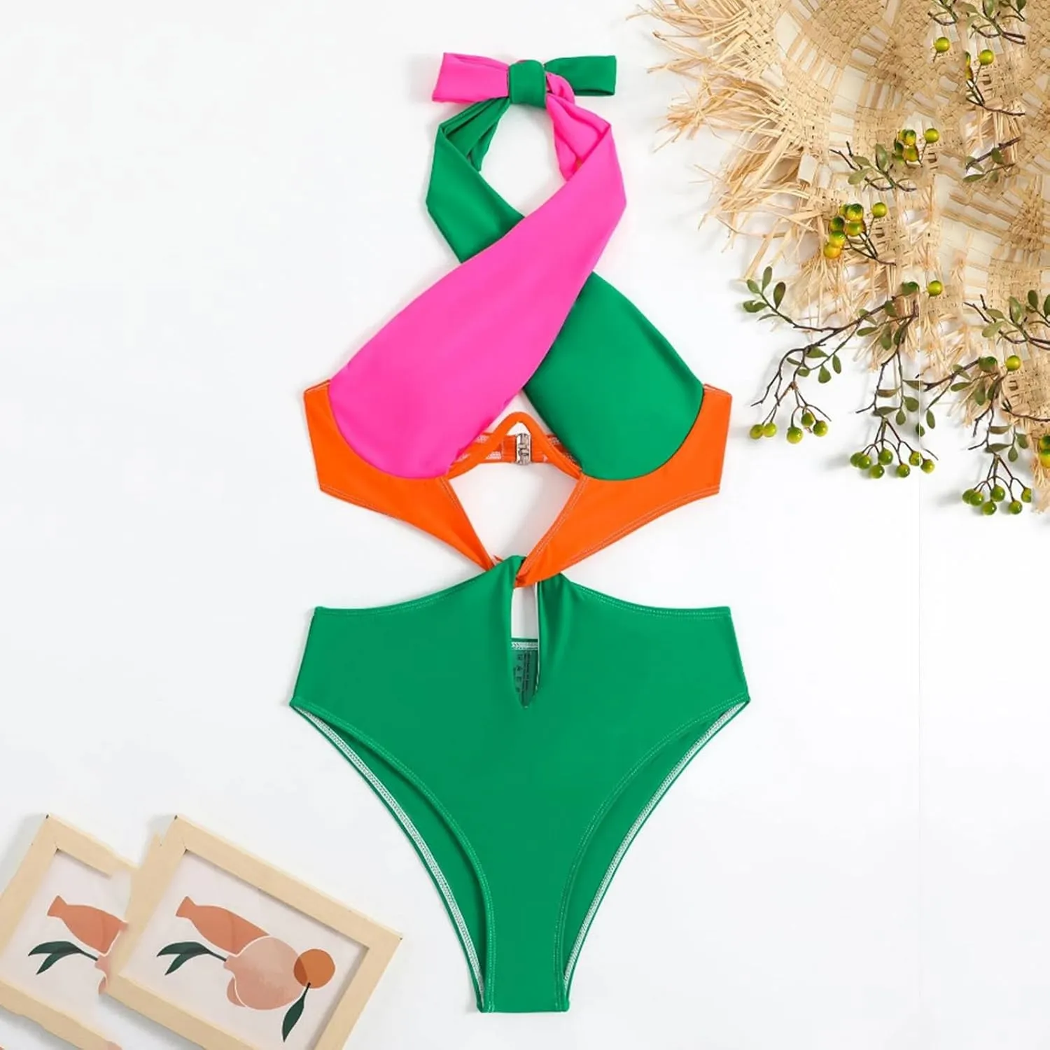 Sexy One Piece Swimsuit for Women Color Block Cutout Halter Bathing Suits Backless Sexy High Cut Swimwear
