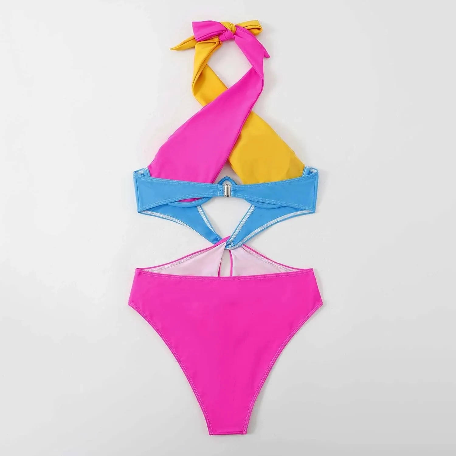 Sexy One Piece Swimsuit for Women Color Block Cutout Halter Bathing Suits Backless Sexy High Cut Swimwear