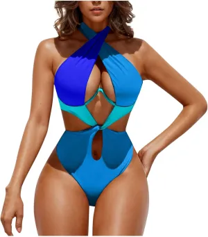 Sexy One Piece Swimsuit for Women Color Block Cutout Halter Bathing Suits Backless Sexy High Cut Swimwear
