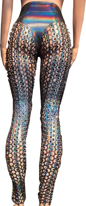 Sexy Rave Outfits for Women Music Festival Outfits Holographic High Waist Butt Lifting Thong Leggings