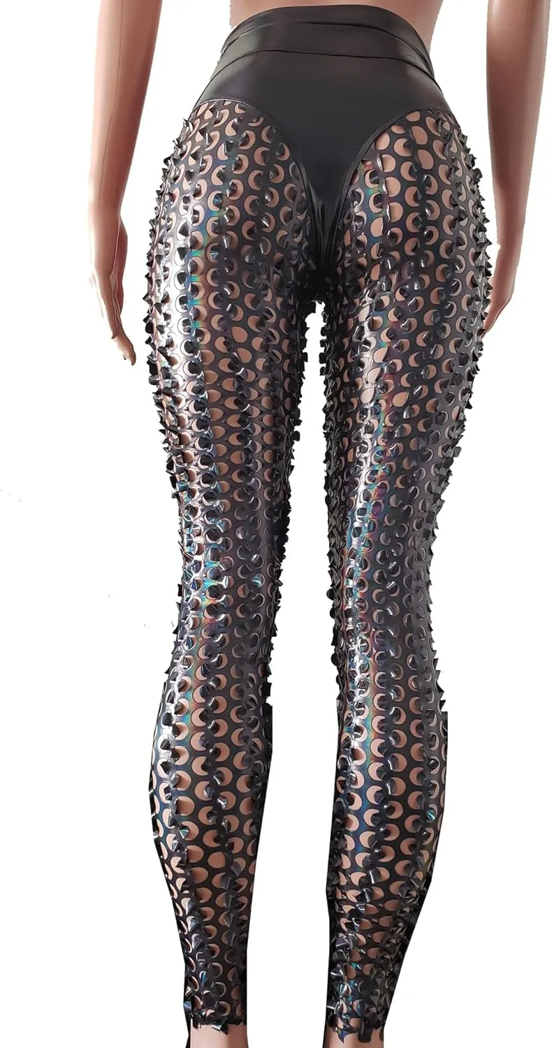 Sexy Rave Outfits for Women Music Festival Outfits Holographic High Waist Butt Lifting Thong Leggings