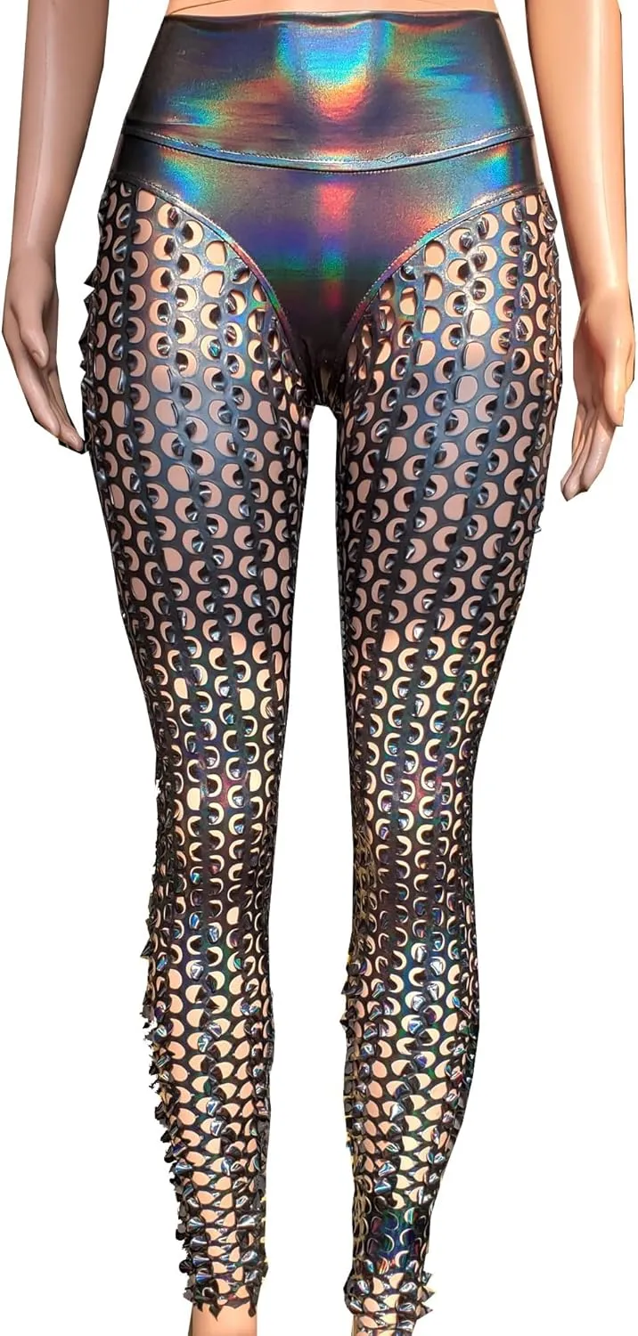 Sexy Rave Outfits for Women Music Festival Outfits Holographic High Waist Butt Lifting Thong Leggings
