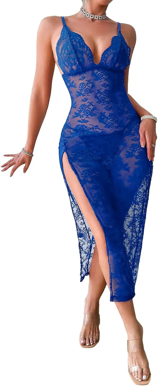 Sexy Split Wireless Sheer Floral Lace Maxi Dress With Thong 2 Piece Lingerie Set