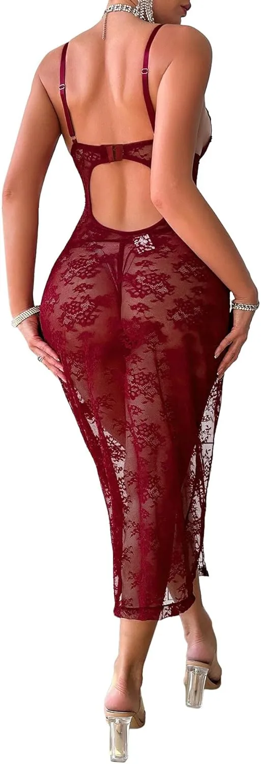 Sexy Split Wireless Sheer Floral Lace Maxi Dress With Thong 2 Piece Lingerie Set