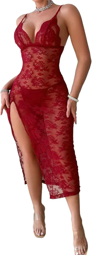 Sexy Split Wireless Sheer Floral Lace Maxi Dress With Thong 2 Piece Lingerie Set