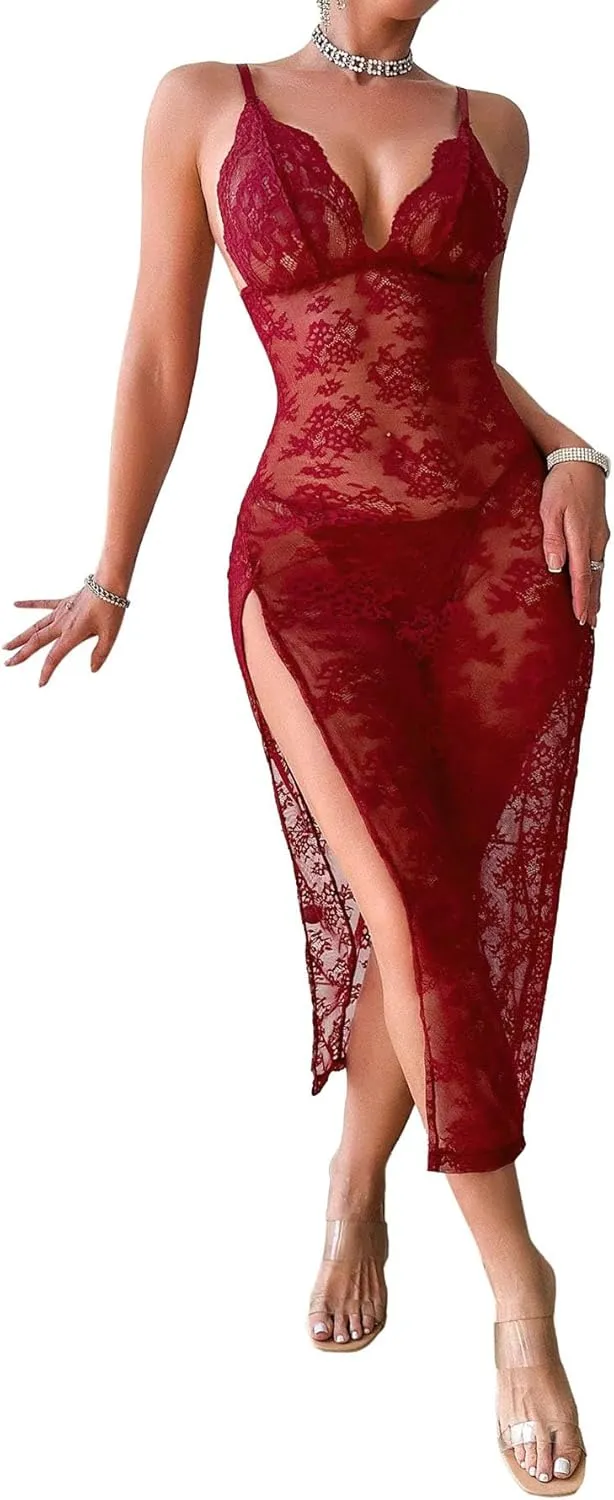 Sexy Split Wireless Sheer Floral Lace Maxi Dress With Thong 2 Piece Lingerie Set