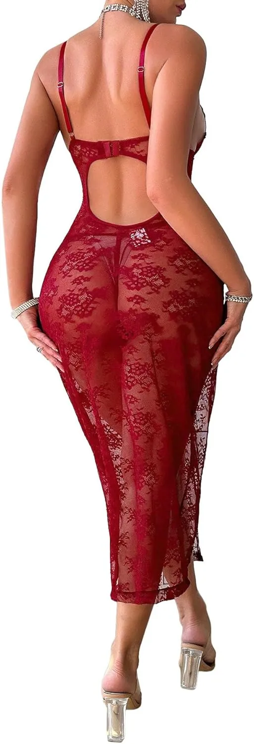 Sexy Split Wireless Sheer Floral Lace Maxi Dress With Thong 2 Piece Lingerie Set