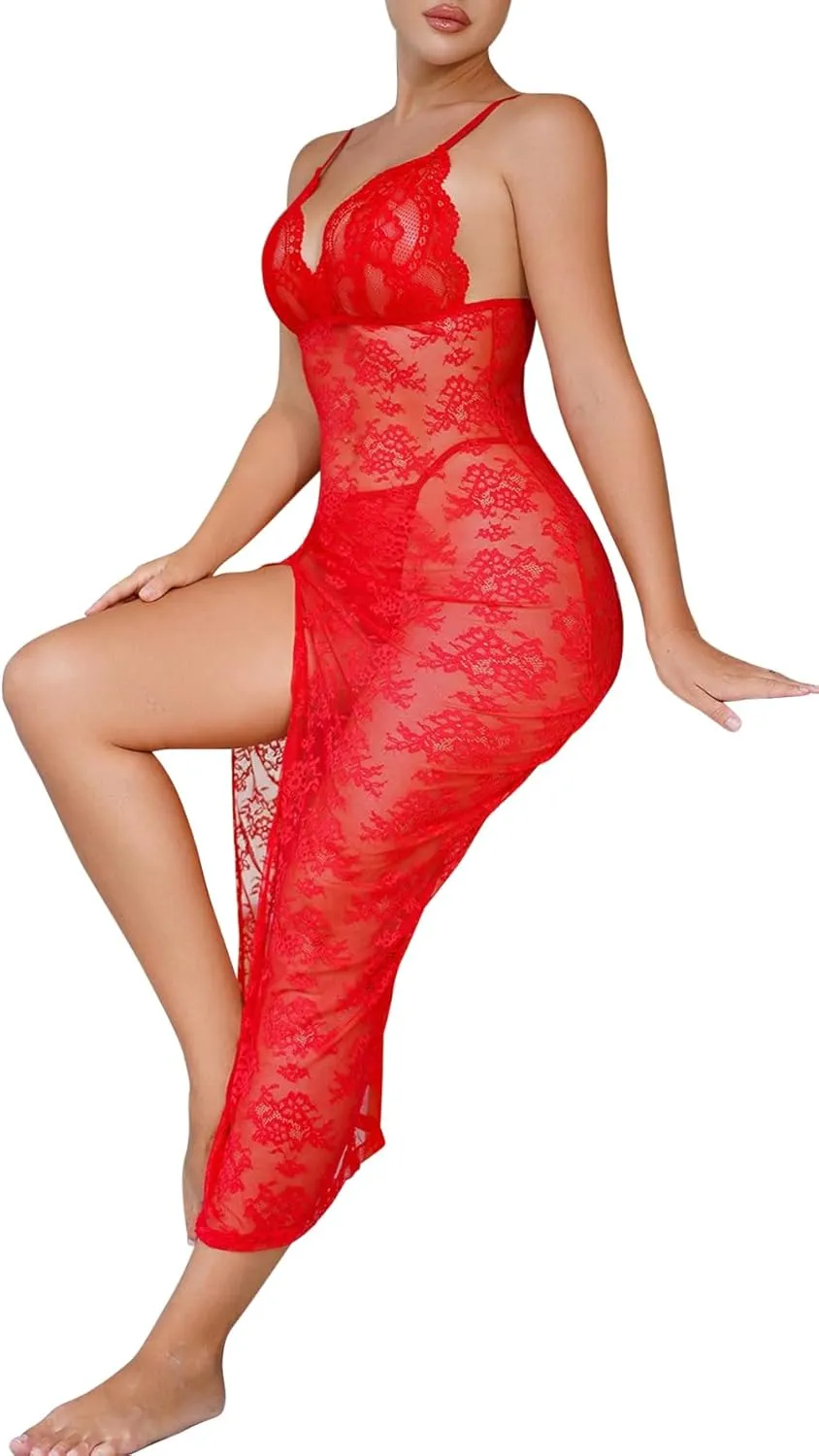 Sexy Split Wireless Sheer Floral Lace Maxi Dress With Thong 2 Piece Lingerie Set