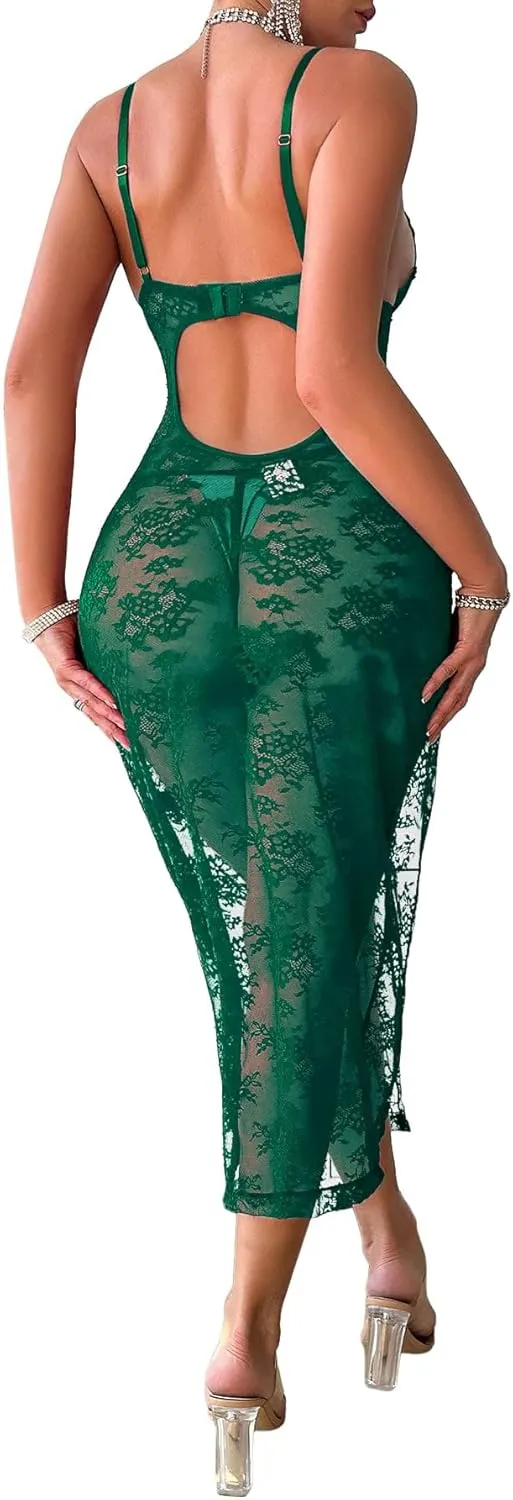 Sexy Split Wireless Sheer Floral Lace Maxi Dress With Thong 2 Piece Lingerie Set
