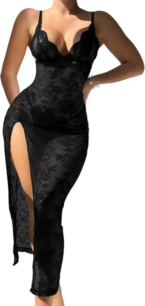Sexy Split Wireless Sheer Floral Lace Maxi Dress With Thong 2 Piece Lingerie Set