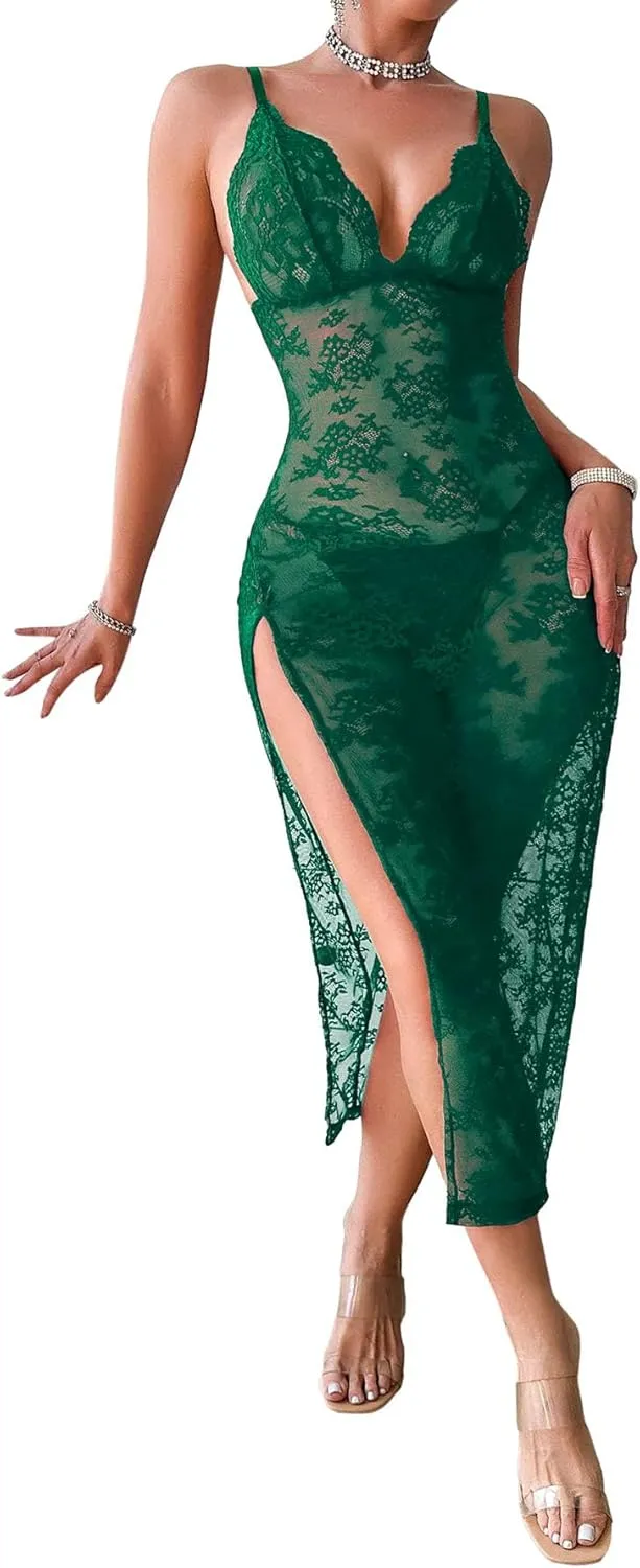 Sexy Split Wireless Sheer Floral Lace Maxi Dress With Thong 2 Piece Lingerie Set