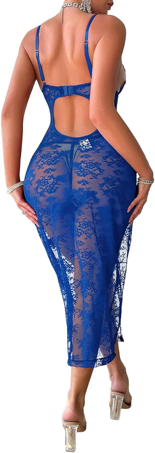 Sexy Split Wireless Sheer Floral Lace Maxi Dress With Thong 2 Piece Lingerie Set
