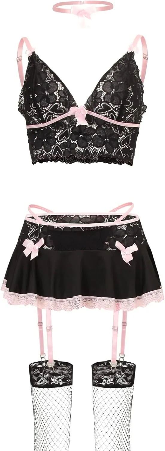 Sexy Stocking Mini Skirt Wireless Mesh Lace Garter Lingerie with Thong Set 4 Pieces