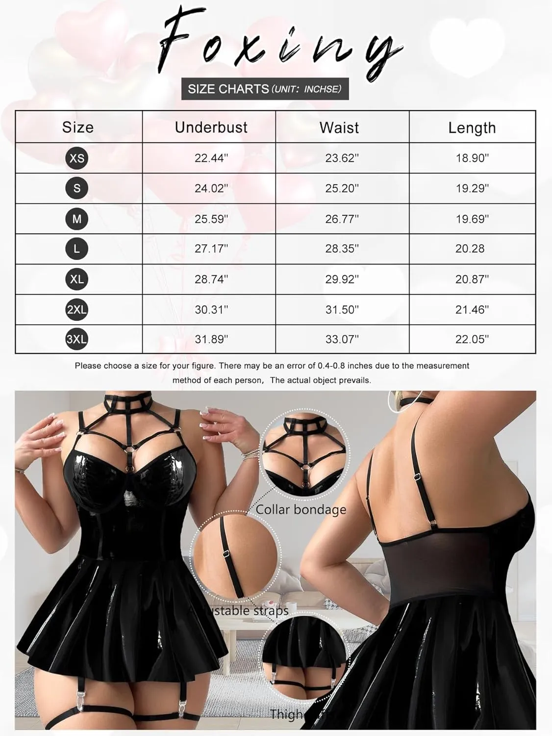 Sexy Strappy Leather Underwire Choker Garter Belt Mini Lingerie Set Dress with Thong 3 Piece