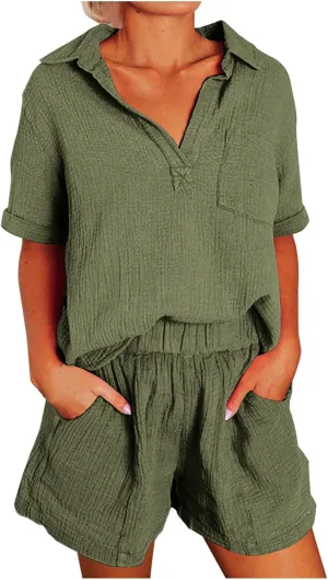 Short Sleeve Two Piece Linen Outfits for Women 2024 Summer Soft Lounge Tshirt Blouse Shorts Matching Set with Pockets