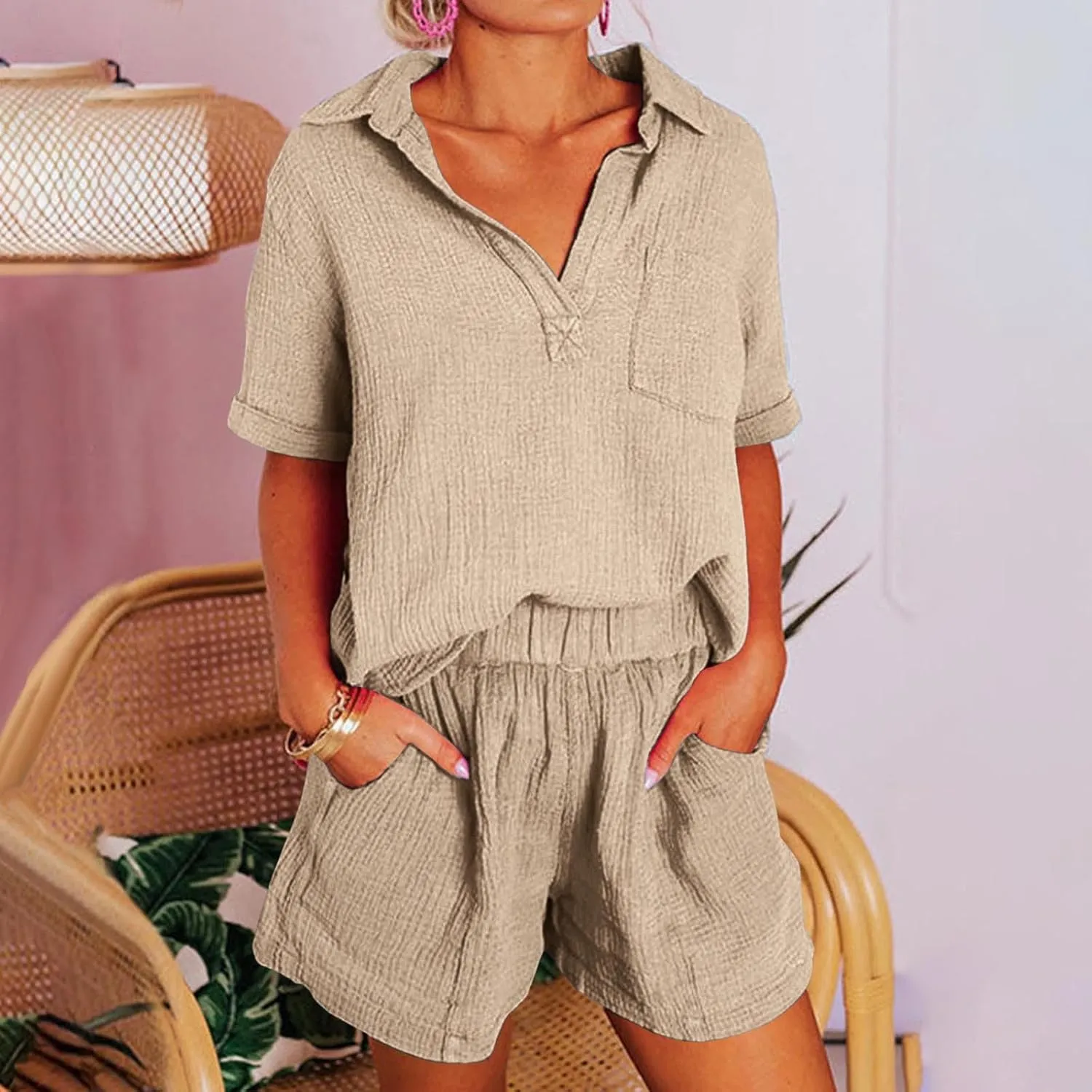 Short Sleeve Two Piece Linen Outfits for Women 2024 Summer Soft Lounge Tshirt Blouse Shorts Matching Set with Pockets